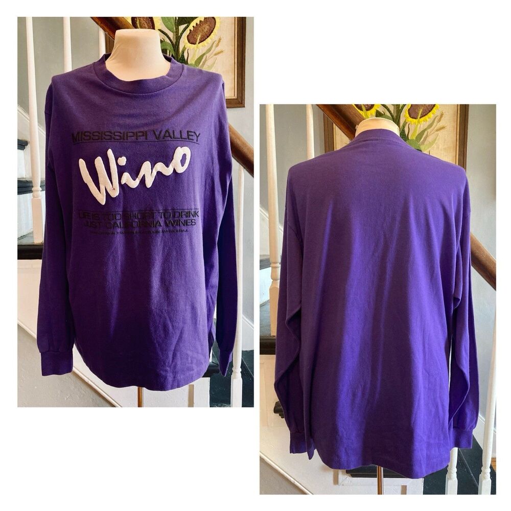 1980s 1990s Purple Long Sleeve Single Stich T-Shirt Wine Winery La Crosse Galena